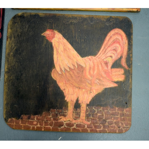 804 - A CHARMING SET OF THREE FOLK ART PAINTED COCK FIGHTING WOOD PANELS in various forms and sizes. Large... 