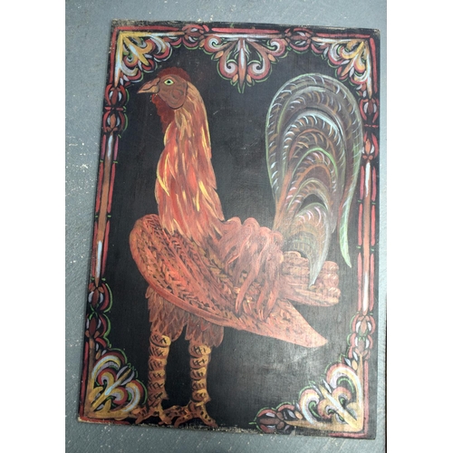 804 - A CHARMING SET OF THREE FOLK ART PAINTED COCK FIGHTING WOOD PANELS in various forms and sizes. Large... 