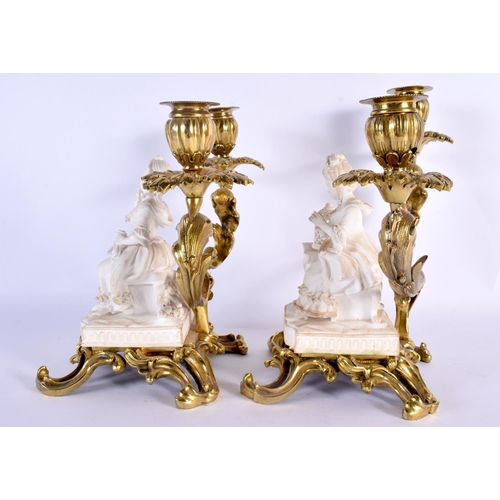 809 - A LOVELY PAIR OF 19TH CENTURY MINTON BISCUIT PORCELAIN COUNTRY HOUSE CANDLESTICKS with gilt bronze m... 