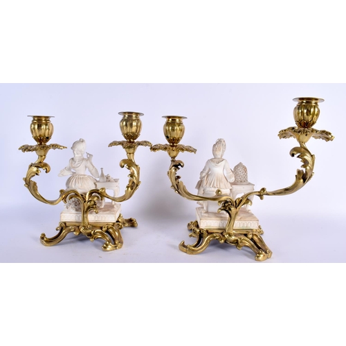 809 - A LOVELY PAIR OF 19TH CENTURY MINTON BISCUIT PORCELAIN COUNTRY HOUSE CANDLESTICKS with gilt bronze m... 