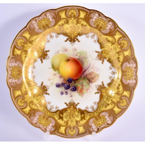 81 - Royal Worcester fine plate painted with fruit on a yellow ground by Richard Sebright date code for 1... 