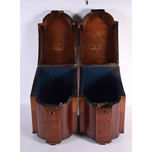 816 - A LARGE PAIR OF GEORGE III MAHOGANY AND SATINWOOD KNIFE BOXES now with vacant interiors. 40 cm x 20 ... 