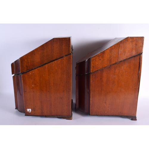 816 - A LARGE PAIR OF GEORGE III MAHOGANY AND SATINWOOD KNIFE BOXES now with vacant interiors. 40 cm x 20 ... 