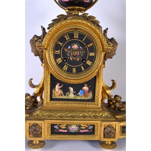 829 - A LARGE 19TH CENTURY FRENCH PORCELAIN AND BRONZE MANTEL CLOCK painted with figures in landscapes. 36... 