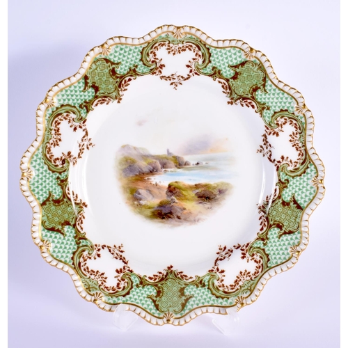 83 - Royal Worcester lobed gadroon edged  shaped plate painted with a seascape and rocky cliff under a gr... 