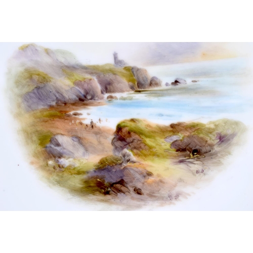 83 - Royal Worcester lobed gadroon edged  shaped plate painted with a seascape and rocky cliff under a gr... 