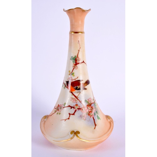 89 - Locke and co Worcester vase painted with a bird on a branch on a blush ivory ground 15x8.5cm