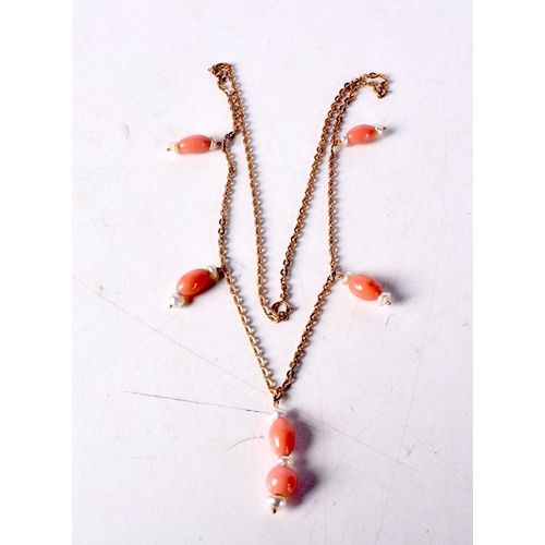 1228 - AN ART DECO 9CT GOLD CORAL AND PEARL NECKLACE. 12.3 grams. 54 cm long.