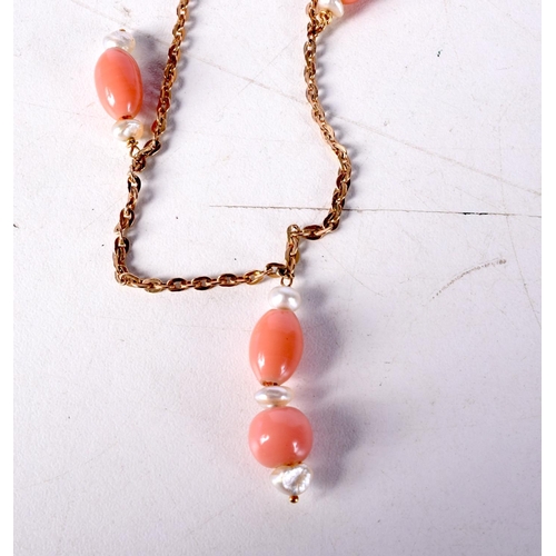 1228 - AN ART DECO 9CT GOLD CORAL AND PEARL NECKLACE. 12.3 grams. 54 cm long.