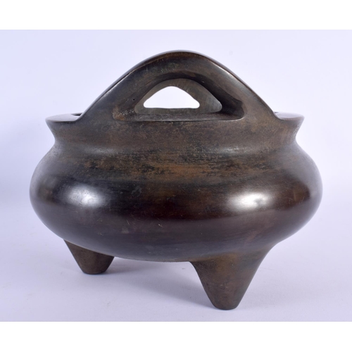 2149 - A LARGE CHINESE TWIN HANDLED BRONZE CENSER 20th Century. 22 cm x 19 cm.