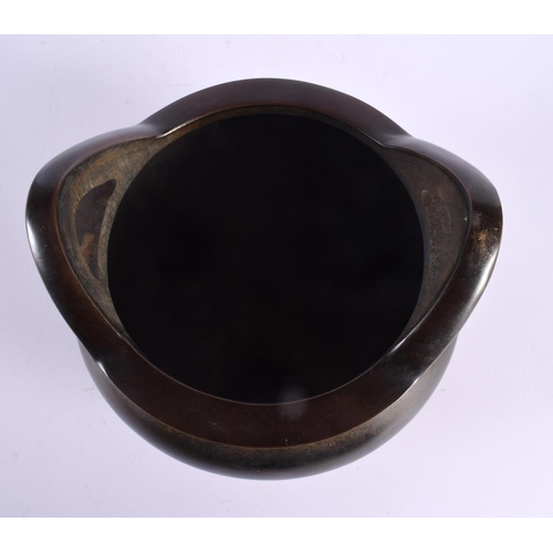 2149 - A LARGE CHINESE TWIN HANDLED BRONZE CENSER 20th Century. 22 cm x 19 cm.