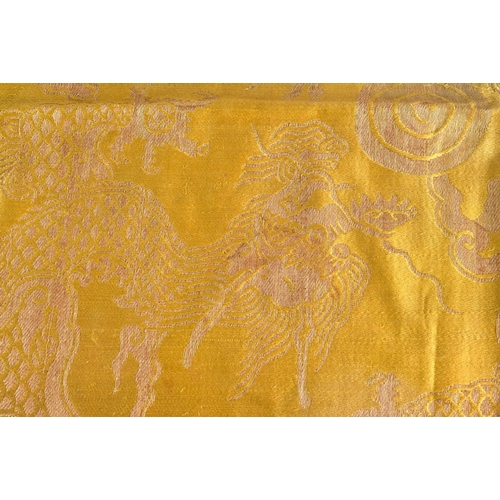 2179 - A 19TH CENTURY CHINESE YELLOW EMBROIDERED SILK COVER Qing. 105 cm square. Note: Sold with paper note... 