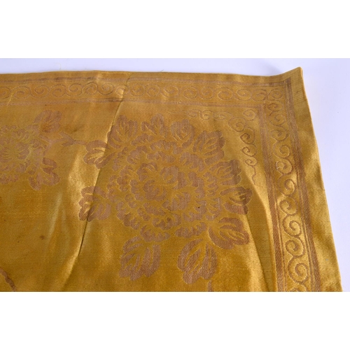 2179 - A 19TH CENTURY CHINESE YELLOW EMBROIDERED SILK COVER Qing. 105 cm square. Note: Sold with paper note... 
