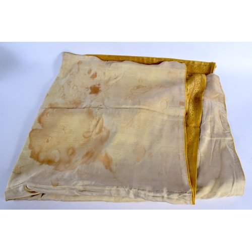 2179 - A 19TH CENTURY CHINESE YELLOW EMBROIDERED SILK COVER Qing. 105 cm square. Note: Sold with paper note... 