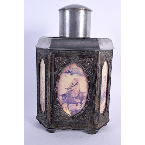 2437 - AN EARLY 20TH CENTURY CHINESE PEWTER TEA CANISTER AND COVER painted with panels of figures. 18 cm x ... 