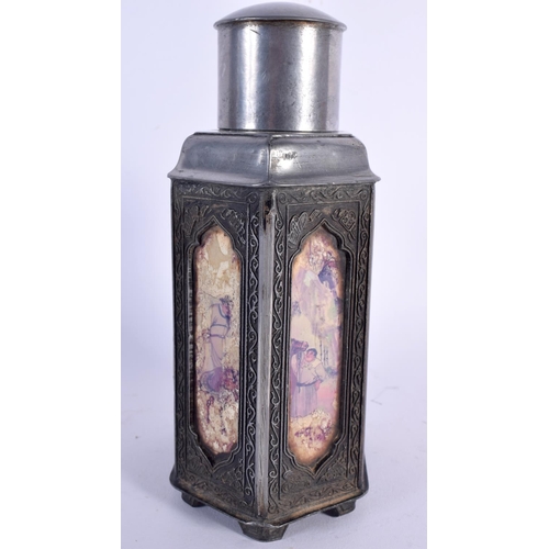 2437 - AN EARLY 20TH CENTURY CHINESE PEWTER TEA CANISTER AND COVER painted with panels of figures. 18 cm x ... 