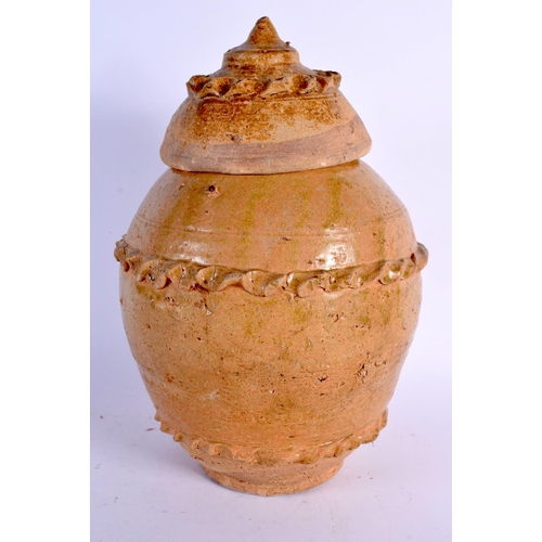 2443 - AN UNUSUAL EASTERN JIN DYNASTY POTTERY JAR AND COVER C317-420 with crimped edges. 30 cm x 15 cm.