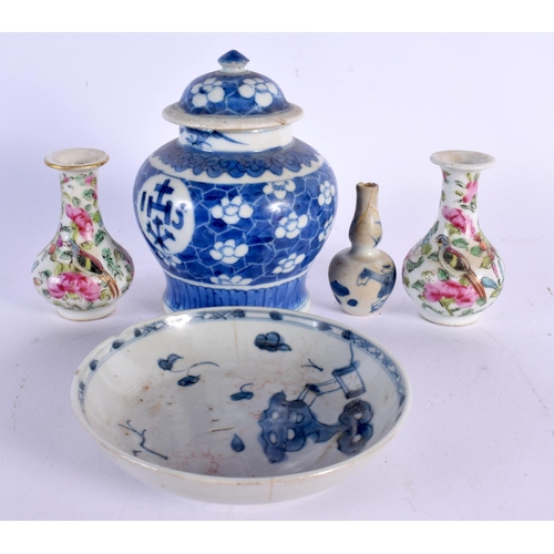 2449 - A MINIATURE 17TH/18TH CENTURY CHINESE BLUE AND WHITE VASE together with a saucer, pair of vases etc.... 