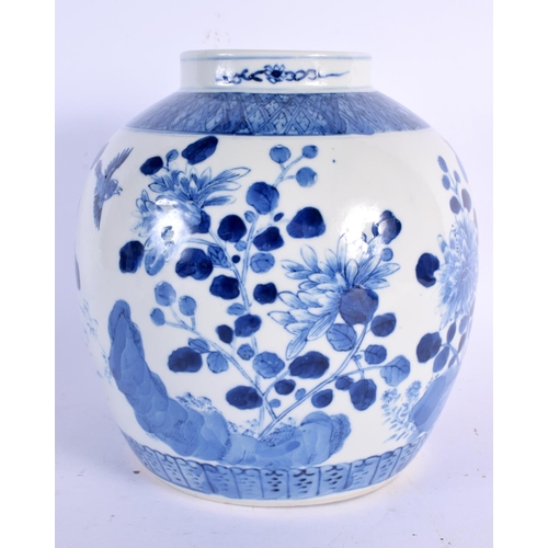 2459 - A 19TH CENTURY CHINESE BLUE AND WHITE PORCELAIN GINGER JAR bearing Kangxi marks to base, painted wit... 