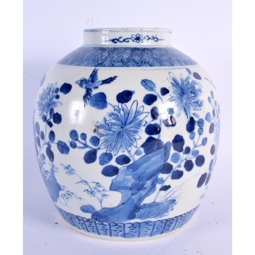 2459 - A 19TH CENTURY CHINESE BLUE AND WHITE PORCELAIN GINGER JAR bearing Kangxi marks to base, painted wit... 