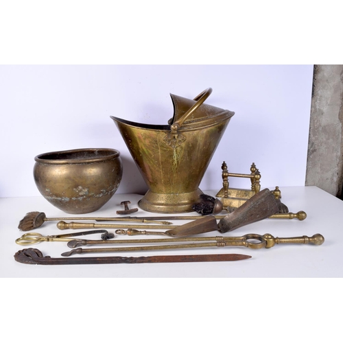 3214 - A set of brass  fire irons, coal bucket, brass Jardinière etc (14)