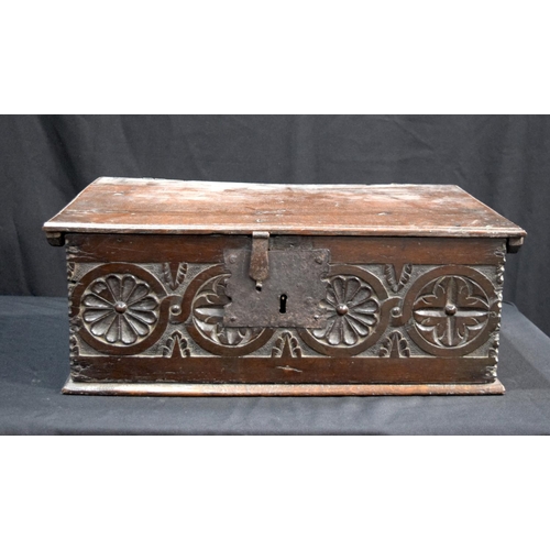 3778 - An 18th Century carved oak Bible box 20 x 56 cm