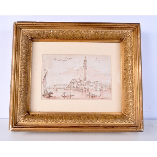 3780 - A framed Italian School pen and ink of a Ventian waterside 17.5 x 26.5 cm.