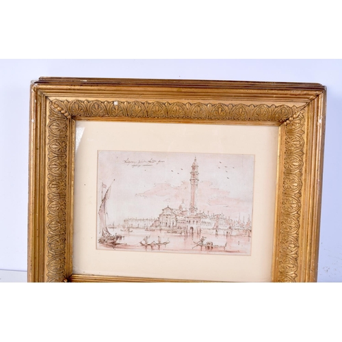 3780 - A framed Italian School pen and ink of a Ventian waterside 17.5 x 26.5 cm.