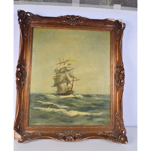 3783 - Framed oil on canvas  oleograph of a ship at sea signed H Clause 59 x 49 cm