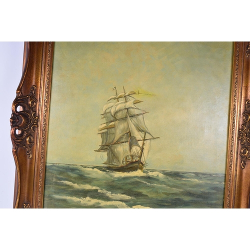 3783 - Framed oil on canvas  oleograph of a ship at sea signed H Clause 59 x 49 cm