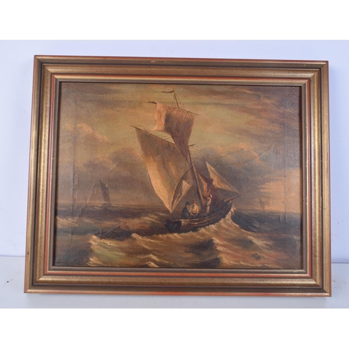 3785 - A framed 19th Century oil on canvas depicting a small sailing boat at sea signed Taylor . 29 x 39 cm... 