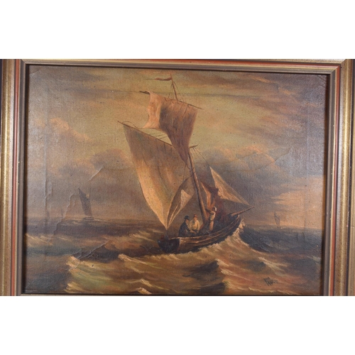 3785 - A framed 19th Century oil on canvas depicting a small sailing boat at sea signed Taylor . 29 x 39 cm... 