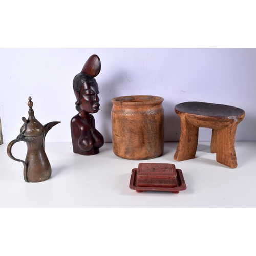 3998 - A collection of African Tribal items, a middle Eastern Ewer and Chinese Cinnabar style box 44 cm (5)