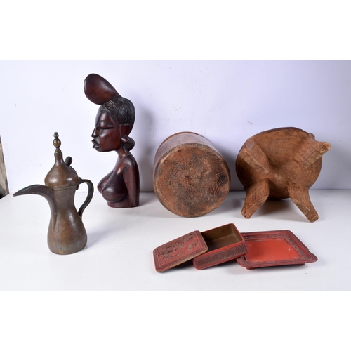 3998 - A collection of African Tribal items, a middle Eastern Ewer and Chinese Cinnabar style box 44 cm (5)