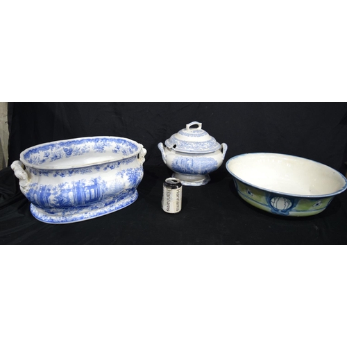 3999 - An Antique  Minton Wash bowl together with a large Soup Tureen and a Punch bowl 20 x 44 cm.