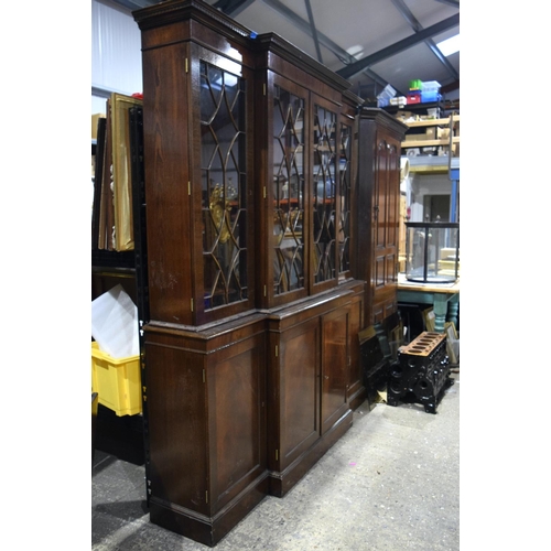 4000 - A huge wooden glass fronted display cabinet 220 x 188 cm.