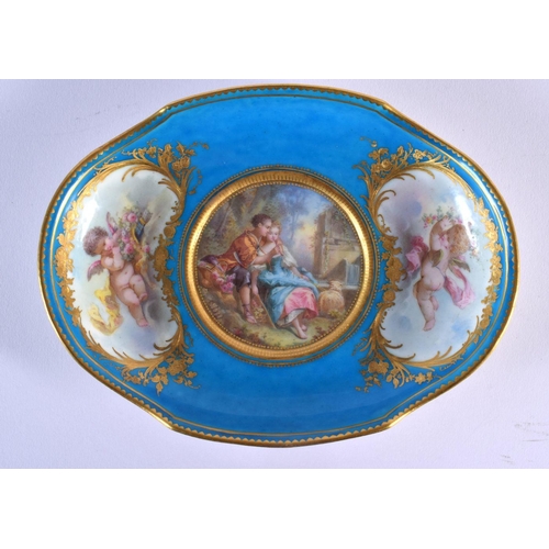 183 - 19th c. Sevres dish, of lobed form with bleu celeste grounds painted centrally with classical lovers... 