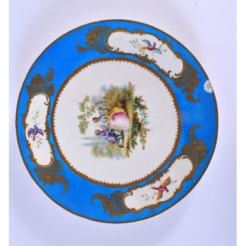 184 - 19th c. Sevres plate painted in the centre with a couple in an ornamental garden the blue celeste ... 