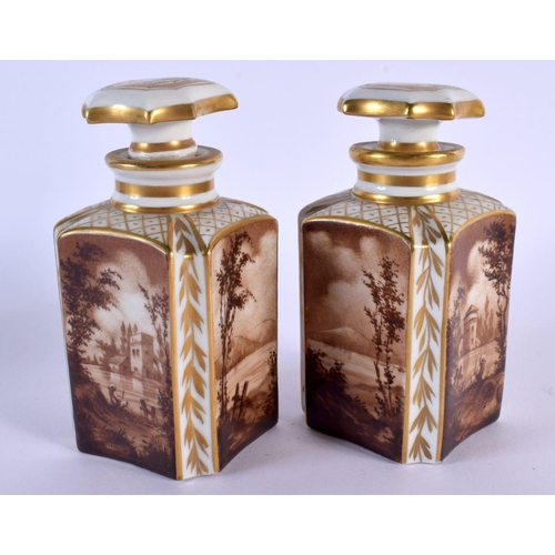 185 - 19th c. Paris porcelain pair of scent bottles painted in sepia with landscapes. 14 cm x 5 cm.