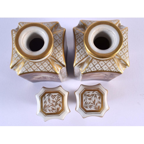 185 - 19th c. Paris porcelain pair of scent bottles painted in sepia with landscapes. 14 cm x 5 cm.