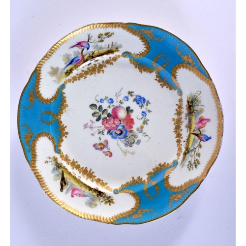 189 - Sevres plate painted with flowers to the centre and birds in three gilt panels incised marks, interl... 