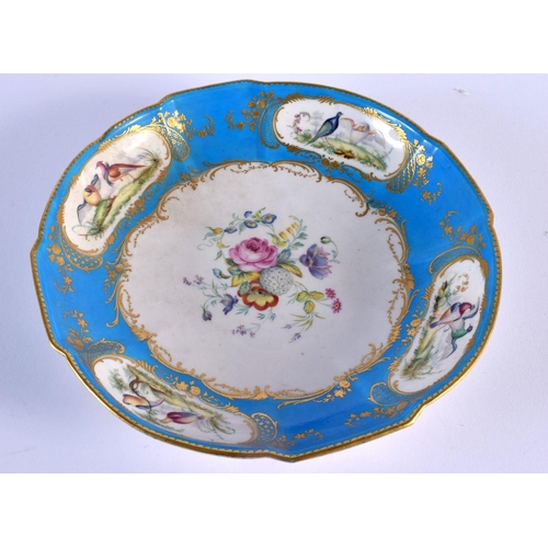 194 - Sevres circular dish painted with flowers to the centre and birds in three gilt panels  interlaced L... 