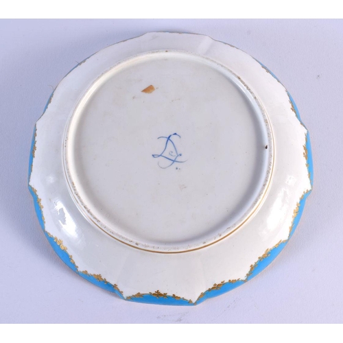 194 - Sevres circular dish painted with flowers to the centre and birds in three gilt panels  interlaced L... 