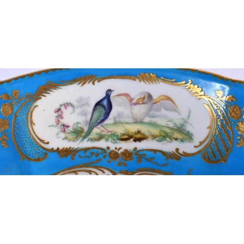 194 - Sevres circular dish painted with flowers to the centre and birds in three gilt panels  interlaced L... 