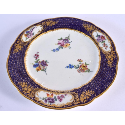 196 - Sevres plate, the centre painted with three floral sprays, the blue-de-roi border with three gilt fl... 