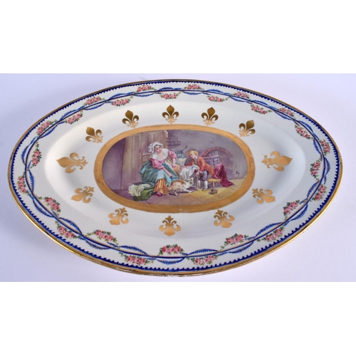 197 - 19th c. Sevres serving tray painted with a mother child and dog, surrounded by gilt fleur-de-lis a... 