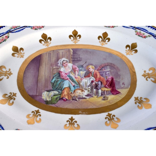 197 - 19th c. Sevres serving tray painted with a mother child and dog, surrounded by gilt fleur-de-lis a... 