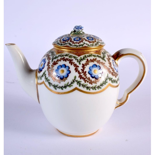199 - Sevres teapot and cover painted with flowers surrounded by green and gold leafy chains, interlaced L... 