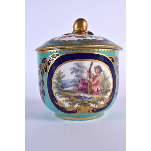 200 - Sevres sucrier and cover with oval panels of flowers, a bird or a figure, interlaced Ls. 9.5 cm wid... 