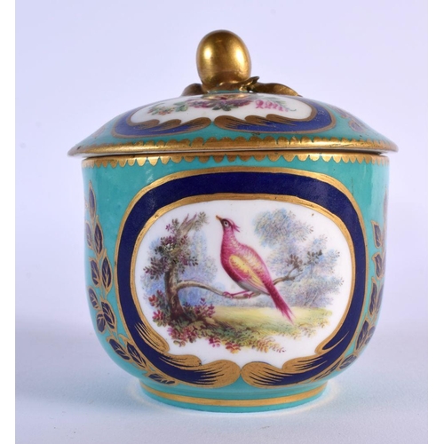 200 - Sevres sucrier and cover with oval panels of flowers, a bird or a figure, interlaced Ls. 9.5 cm wid... 